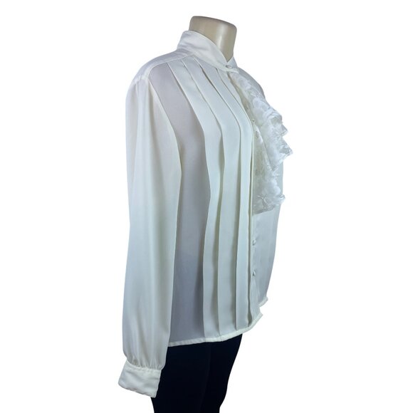Vintage Laura & Jayne Collection White Pleated Blouse With Lace Tie Neck Sz 12 - Picture 2 of 7